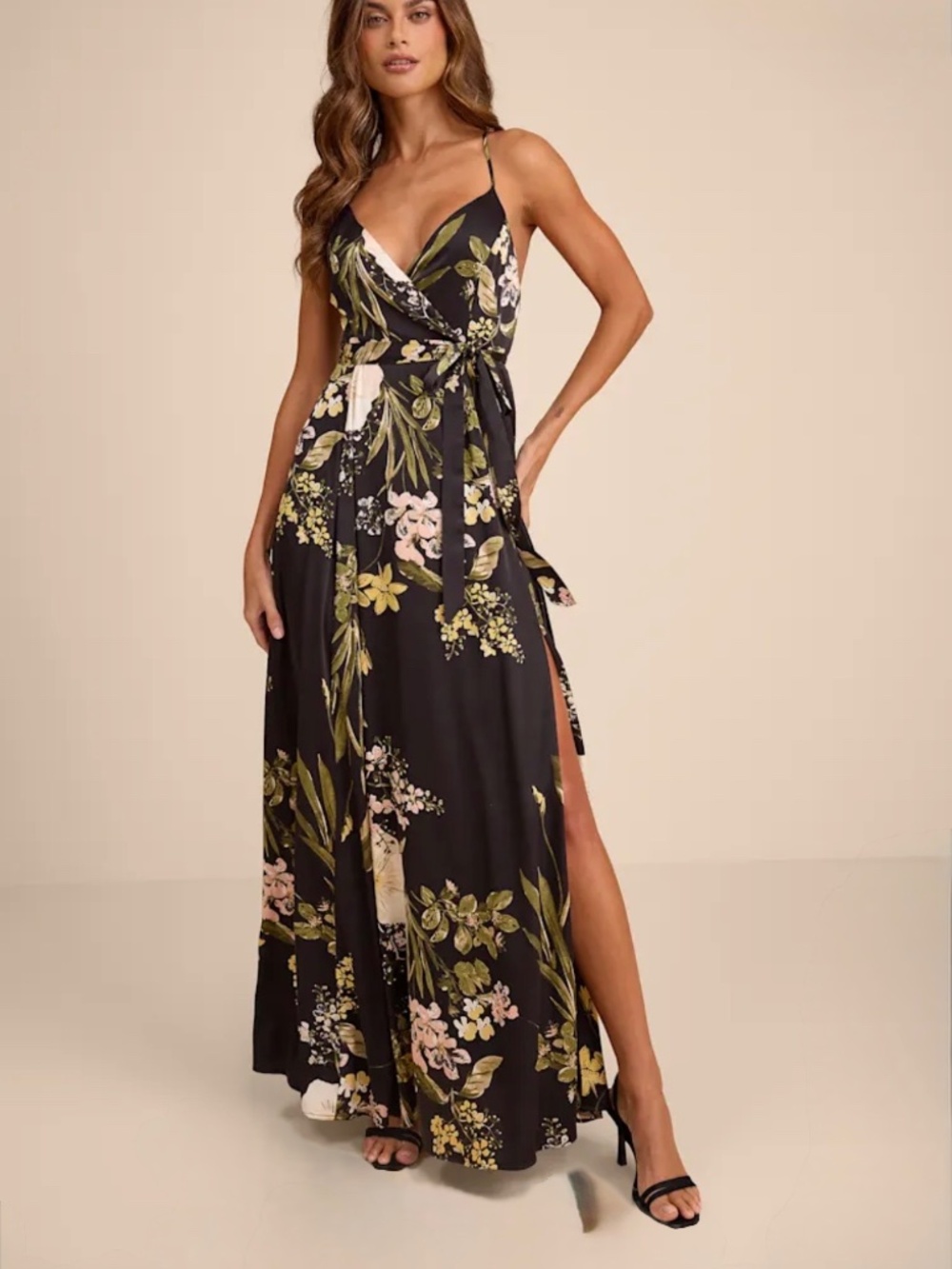 Still the One Black Floral Print Satin Maxi Dress